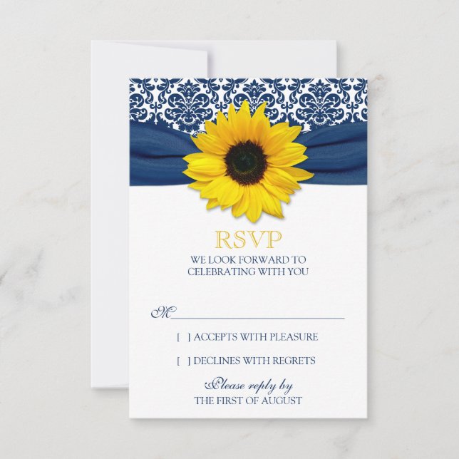 Yellow Sunflower Navy Damask Ribbon Wedding RSVP Card (Front)