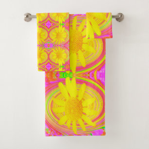 Yellow Sunflower on a Psychedelic Swirl Bath Towel Set