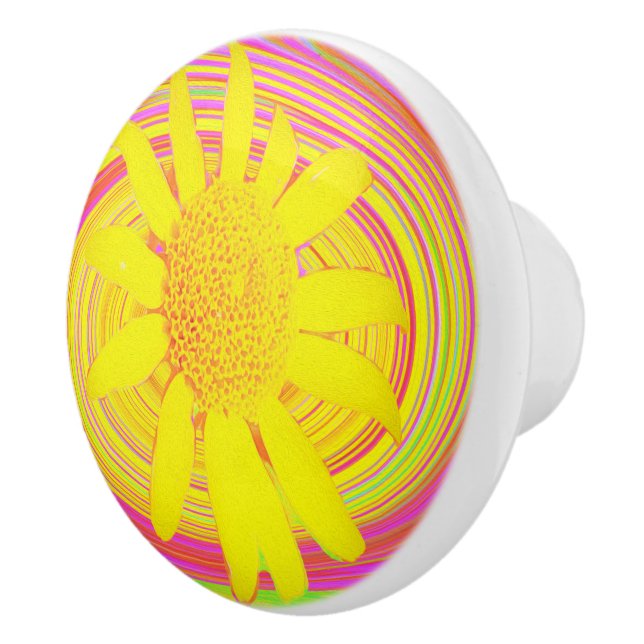 Yellow Sunflower on a Psychedelic Swirl Ceramic Knob (Right)