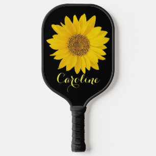 Yellow Sunflower on Black Custom Name Pickleball Paddle
