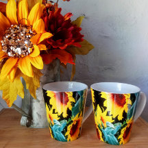 Yellow Sunflower on Black Latte Mug