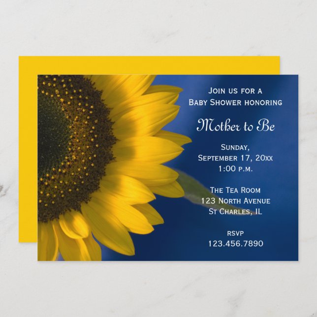 Yellow Sunflower on Blue Baby Shower Invitation (Front/Back)