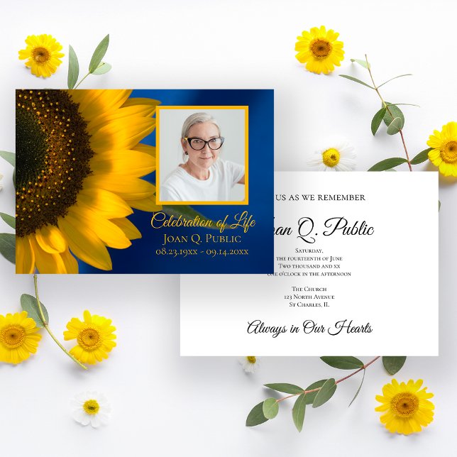Yellow Sunflower on Blue Celebration of Life Invitation (Creator Uploaded)