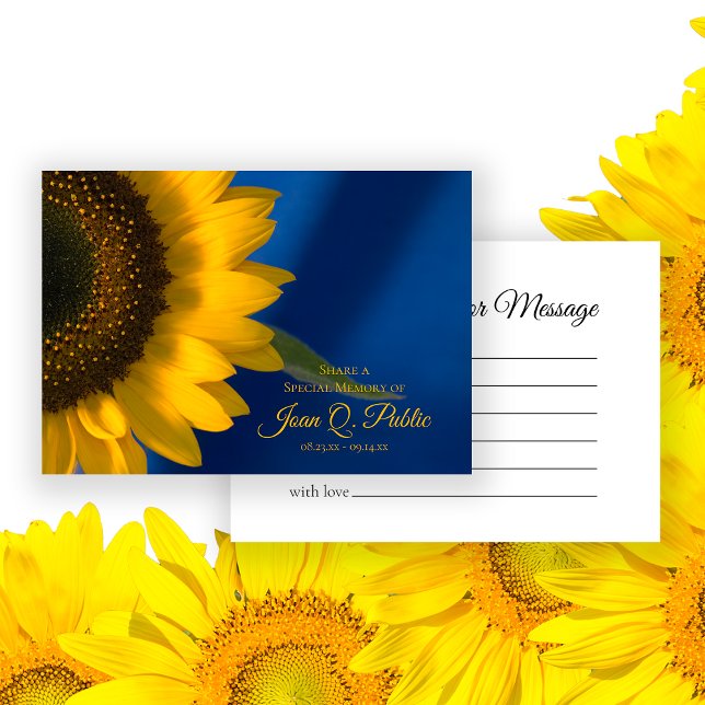 Yellow Sunflower on Blue Share a Memory Funeral  Card (Creator Uploaded)