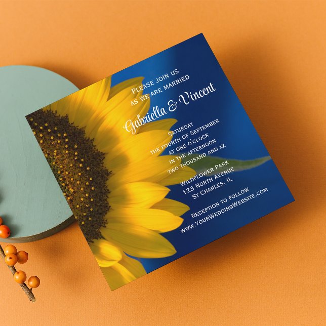 Yellow Sunflower on Blue Wedding Invitation (Creator Uploaded)