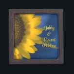 Yellow Sunflower on Blue Wedding Jewellery Box<br><div class="desc">Customise the pretty Sunflower on Blue Wedding Gift Box with the personal names of the newlywed bride and groom and specific summer or fall marriage ceremony date. Create a beautiful personalised keepsake wedding gift for the newlyweds thank you present for your wedding attendants, bridesmaids and bridal party. This elegant little...</div>