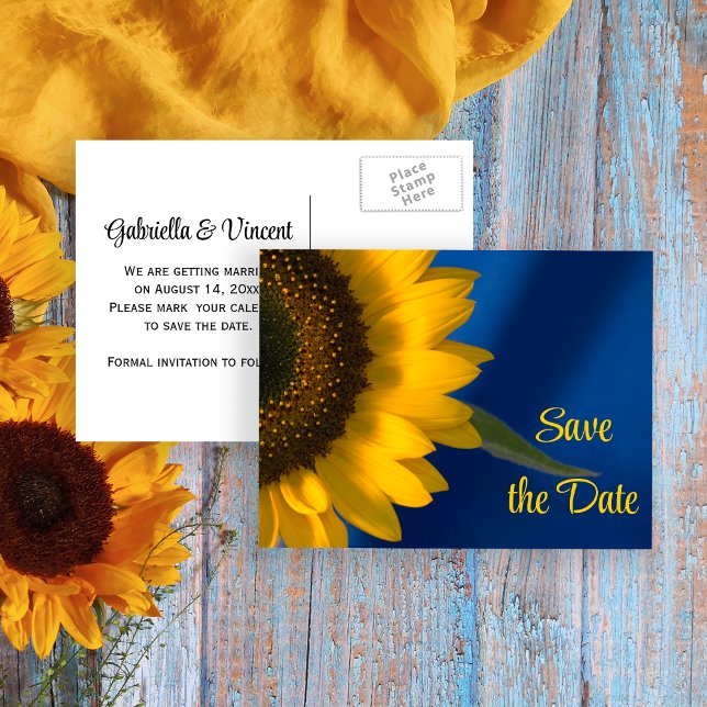 Yellow Sunflower on Blue Wedding Save the Date Announcement Postcard (Creator Uploaded)