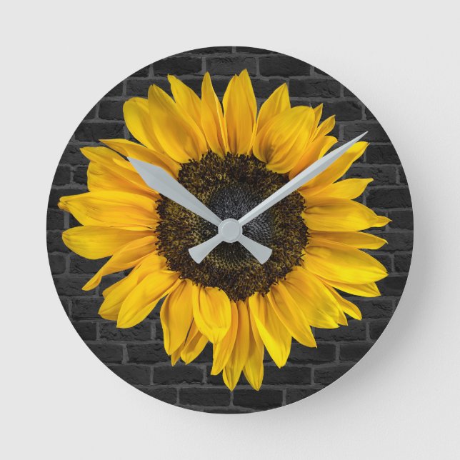 yellow sunflower on brick wall round clock (Front)