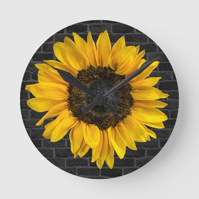 yellow sunflower on brick wall round clock (Front)