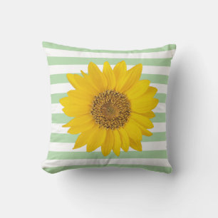 Yellow Sunflower on White and Pale Green Stripes Cushion