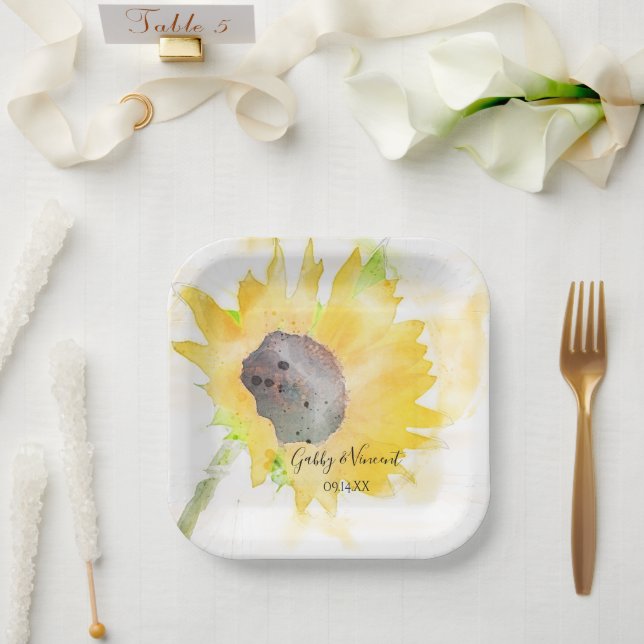 Yellow Sunflower on White Watercolor Wedding Paper Plate (Wedding)