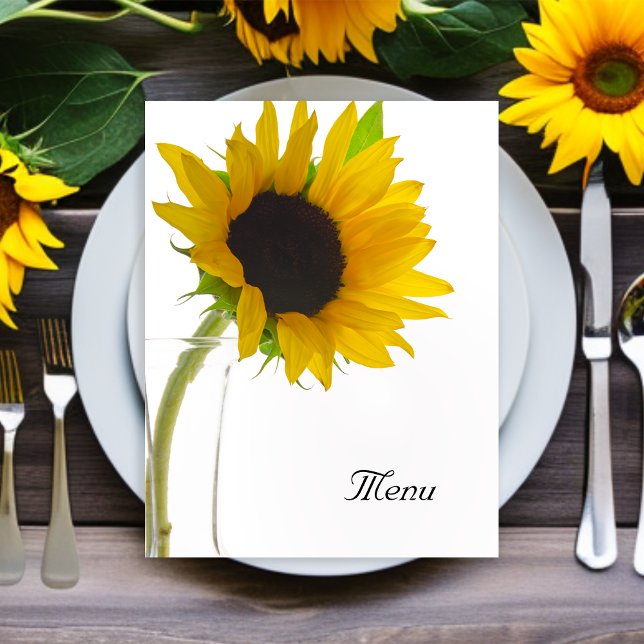 Yellow Sunflower on White Wedding Menu (Set a cheerful table at your celebration event with the pretty Sunflower on White Wedding Menu.)