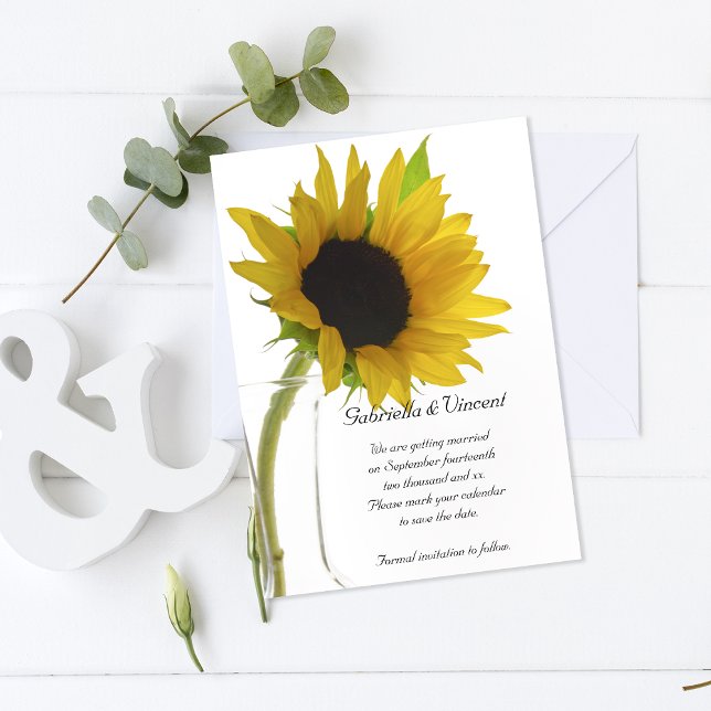 Yellow Sunflower on White Wedding Save the Date Invitation (Creator Uploaded)