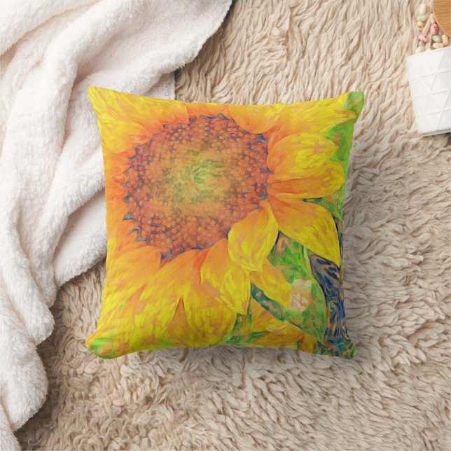 Yellow Sunflower Painterly-Green accents Cushion (Blanket)
