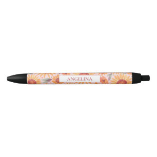 Yellow Sunflower Pattern Blush Pink Personalized Black Ink Pen