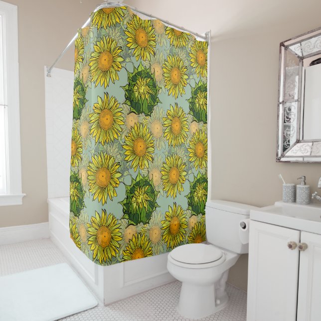 Yellow Sunflower Pattern on Teal Background  Shower Curtain (In Situ)