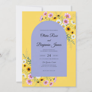 Yellow Sunflower Periwinkle Eucalyptus Wedding Invitation