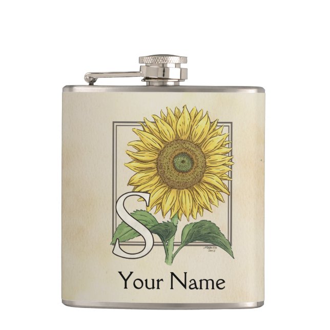 Yellow Sunflower Personalised Monogram Hip Flask (Front)