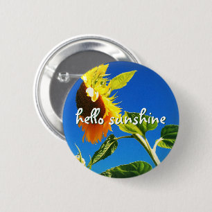 Yellow Sunflower Photo Hello Sunshine Script Bold 6 Cm Round Badge