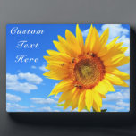 Yellow Sunflower Plaque with Custom Text<br><div class="desc">Personalized Custom Text Desk Accessories with Yellow Sunflower and Bees on Blue Sky Summer Day - Choose / Add Your Unique Text - Name / Color / Font / Size / more - Make Your Special Plaque Gifts - Resize and move or remove and add image / text with Customization...</div>