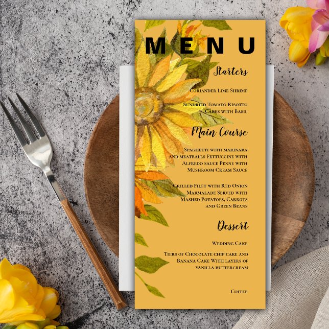 Yellow Sunflower Pretty  Floral Wedding Party Menu (Yellow Sunflower Pretty Floral Wedding Party Menu)