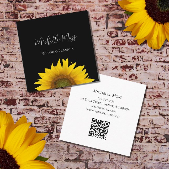 Yellow Sunflower QR code Modern Black Square Business Card (Creator Uploaded)