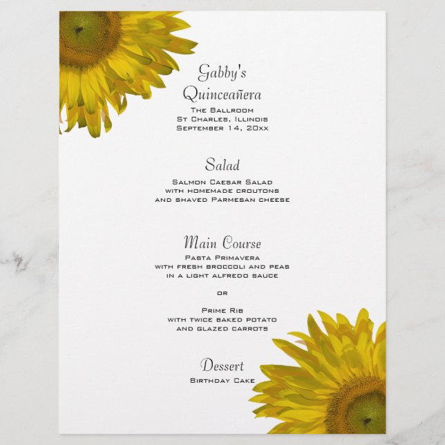 Yellow Sunflower Quinceanera Menu (Front)