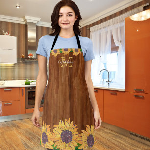 Yellow Sunflower  Rustic Wood Family Monogram Apron