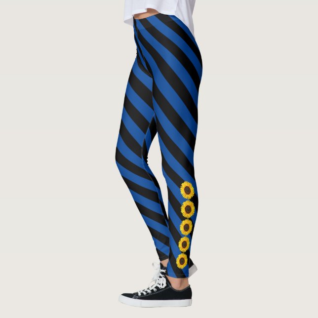 Yellow Sunflower Sides Black and Blue Stripe Leggings (Left)