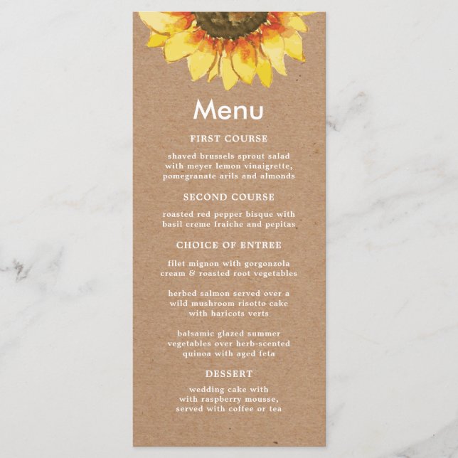 Yellow sunflower. Simple Rustic Wedding Menu Card (Front)