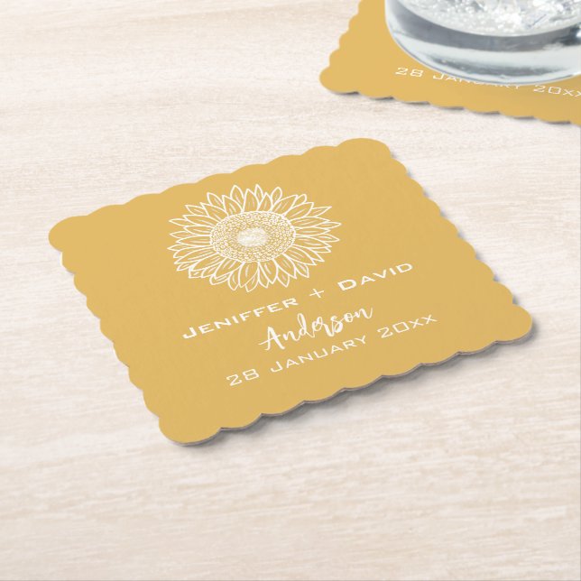 Yellow Sunflower Sketch Personalised Wedding Paper Coaster (Angled)