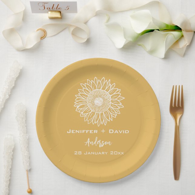 Yellow Sunflower Sketch Personalised Wedding Paper Plate (Wedding)