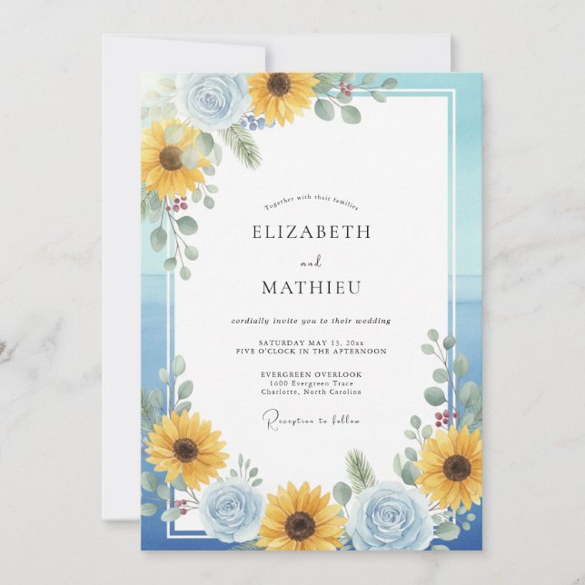 Yellow Sunflower Sky Eucalyptus Wedding Invitation (Front)