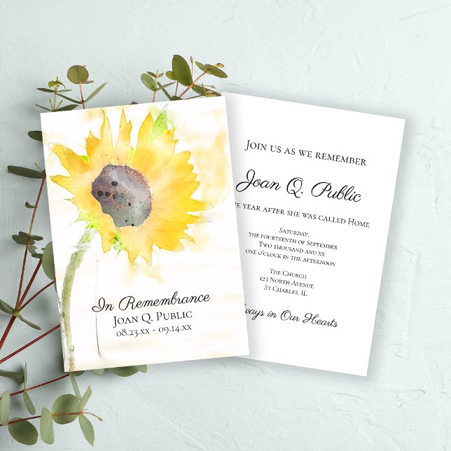Yellow Sunflower Vase Watercolor Death Anniversary Invitation (Creator Uploaded)