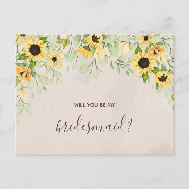 Yellow Sunflower Watercolor Be My Bridesmaid Invitation Postcard (Front)