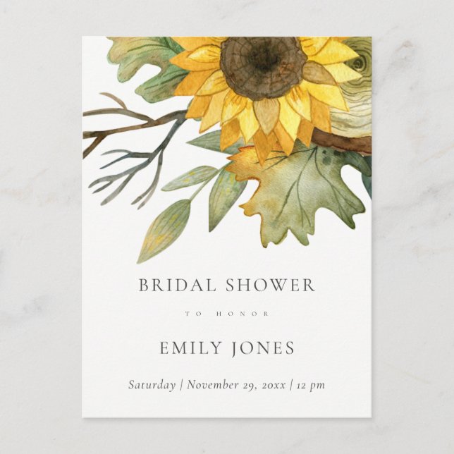 YELLOW SUNFLOWER WATERCOLOR FLORAL BRIDAL SHOWER INVITATION POSTCARD (Front)