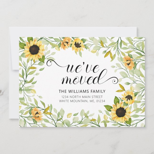 Yellow Sunflower Watercolor Floral Moving Announcement (Front)