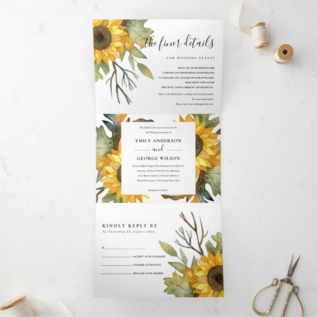 YELLOW SUNFLOWER WATERCOLOR FLORAL WEDDING INVITE (Inside)