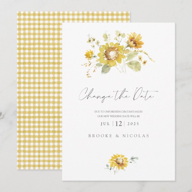 Yellow Sunflower Watercolor Wedding Change Holiday Card (Front/Back)