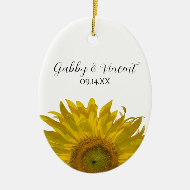 Yellow Sunflower Wedding Photo Ceramic Tree Decoration (Front)