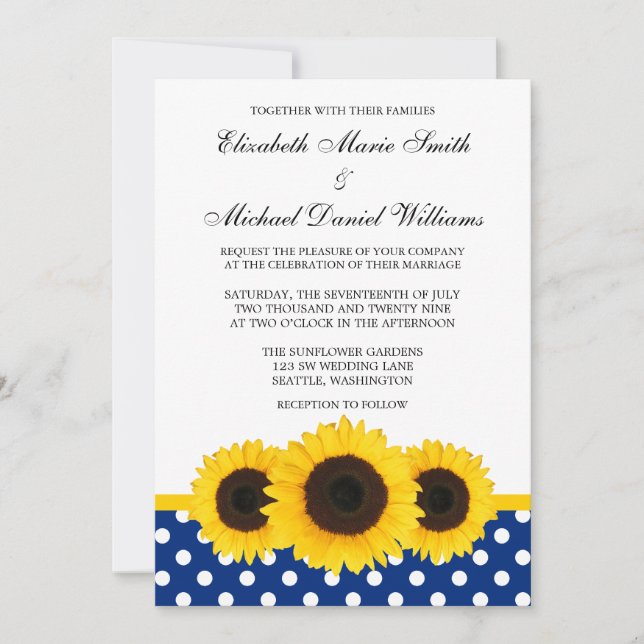 Yellow Sunflower White and Blue Polka Dot Wedding Invitation (Front)