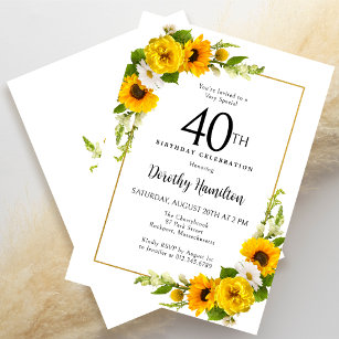 Yellow Sunflower White Daisy Floral 40th Birthday Invitation