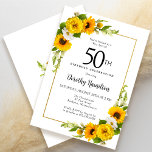 Yellow Sunflower White Daisy Floral 50th Birthday Invitation<br><div class="desc">Pretty yellow sunflower floral 50th birthday card. Yellow peonies and white daisies mingle with the sunflowers. A rectangular gold frame gives it an elegant vibe. Very easy to customise. That back is white with a sunflower bouquet. This is a perfect for a summer birthday celebration. This item is party of...</div>