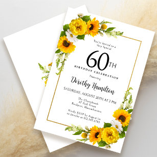 Yellow Sunflower White Daisy Floral 60th Birthday Invitation