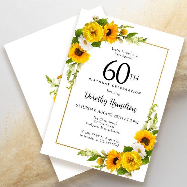 Yellow Sunflower White Daisy Floral 60th Birthday Invitation (Creator Uploaded)
