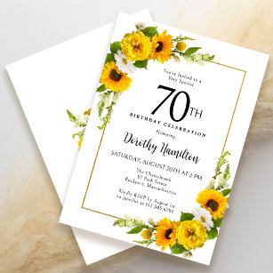 Yellow Sunflower White Daisy Floral 70th Birthday Invitation