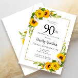 Yellow Sunflower White Daisy Floral 90th Birthday Invitation<br><div class="desc">Pretty yellow sunflower floral 90th birthday card. Yellow peonies and white daisies mingle with the sunflowers. A rectangular gold frame gives it an elegant vibe. Very easy to customise. That back is white with a sunflower bouquet. This is a perfect for a summer birthday celebration. This item is party of...</div>