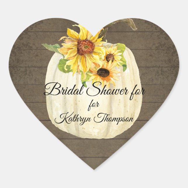 Yellow Sunflower White Pumpkin Wood Bridal Shower Heart Sticker (Front)