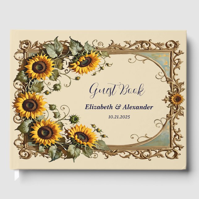 Yellow sunflower with art frame wedding  guest book (Front)