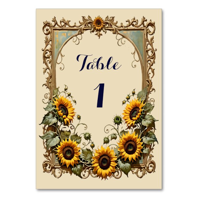 Yellow sunflower with art frame wedding table number (Front)